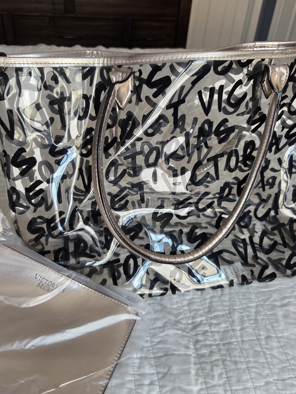 Victoria's Secret Clear Tote with Metallic Silver Trim and Black Script